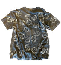 Load image into Gallery viewer, Dark gray t-shirt with circular pattern in off-white ink.