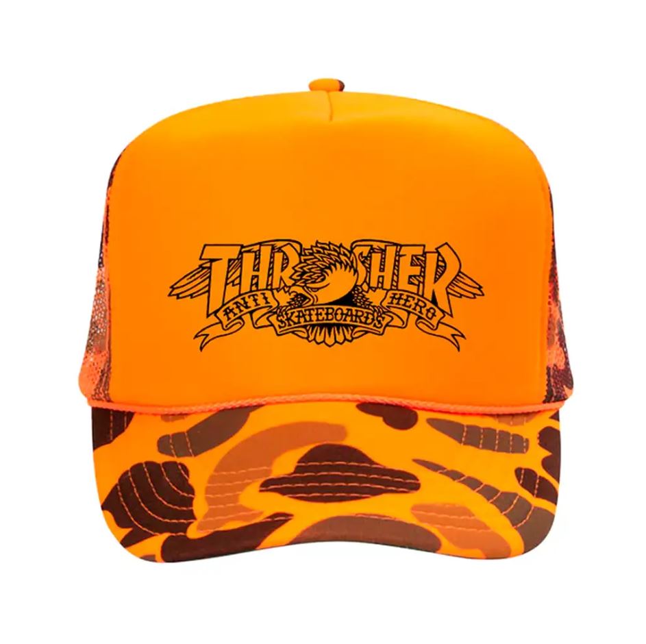 Thrasher Hat Anti Hero Banner Mesh Trucker Orange Camo – Precision