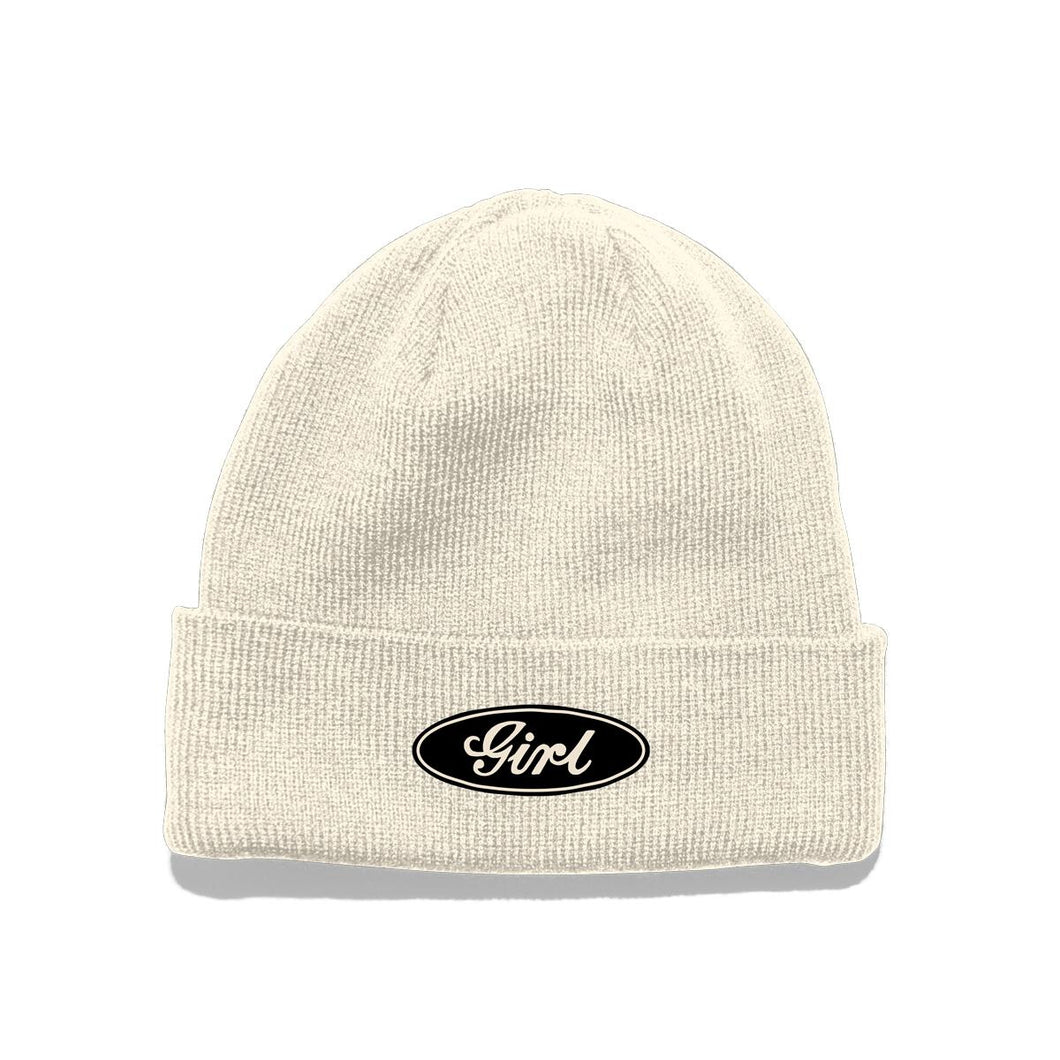 Girl Beanie Oval Script White