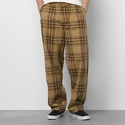 Vans Pants Range Baggy Tapered Elastic Waist Plaid Dirt Brown