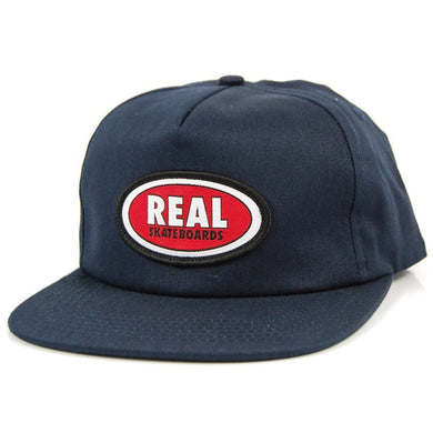 Real Skateboards Hat Oval Snapback Navy/Red Patch